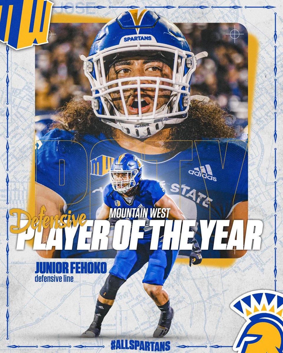 San José State Football (@sanjosestatefb) on Twitter photo Mountain West Defensive Player of the Year‼️
<a href="/juniorfehoko42/">Junior Fehoko</a>
4th in nation in TFLs (18.5)
10th in nation in sacks (9)
Career High 65 tackles
#ClimbTheMountain | #AllSpartans Mountain West Defensive Player of the Year‼️
<a href="/juniorfehoko42/">Junior Fehoko</a>
4th in nation in TFLs (18.5)
10th in nation in sacks (9)
Career High 65 tackles
#ClimbTheMountain | #AllSpartans