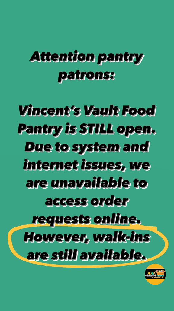 XulaFoodPantry's tweet photo. Due to system and internet issues, we are only taking walk-in orders. To place and pick up an order, we are located in St. Michael’s Hall next to the basketball court. 

We are open from 1 to 4:45 p.m. https://t.co/djr0LoYBbT