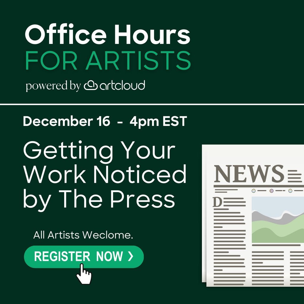 ArtCloud's tweet photo. How can an artist get the word out about their exhibitions or a new body of work? We will talk about approaching writers and media outlets in an engaging conversation about press coverage for artists. 

Register here: https://t.co/4fOibvFkbt https://t.co/3Ns96wWhdT