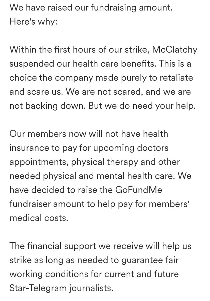After McClatchy announced yesterday that they're suspending our health insurance until January, our strike committee raised the goal for the strike fund to $30,000 to cover COBRA and medical bills. If you've already donated, thank you so much. gofundme.com/f/fort-worth-n…