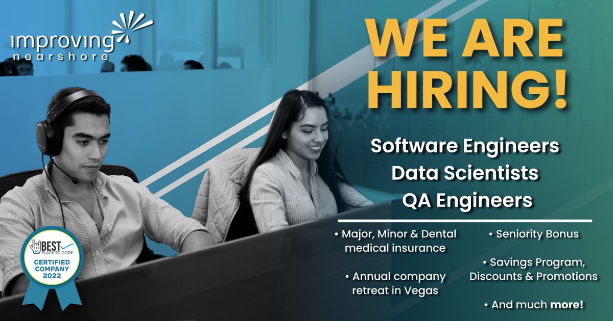 ImprovingMxJobs's tweet image. 🚀 Launch your career with Improving!
Join our team and work on international projects.
hubs.li/Q01twssc0
#NetDevelopers #Javascript #Java #Xamarin #QAAutomation #PHP #DevOps #Golang #Python #ITAdministrator #UXDesigner #Developers #Engineers #Hiring #OpenPositions