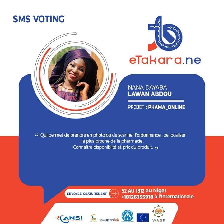 #eTakaraSmsVoting 
Votez pour PHAMA_ONLINE en envoyant 52 au 1812 si vous êtes au Niger ou au +18126355918 si vous êtes à l'international. 
Elle est développée par Lawan Abdou Nana Dayaba