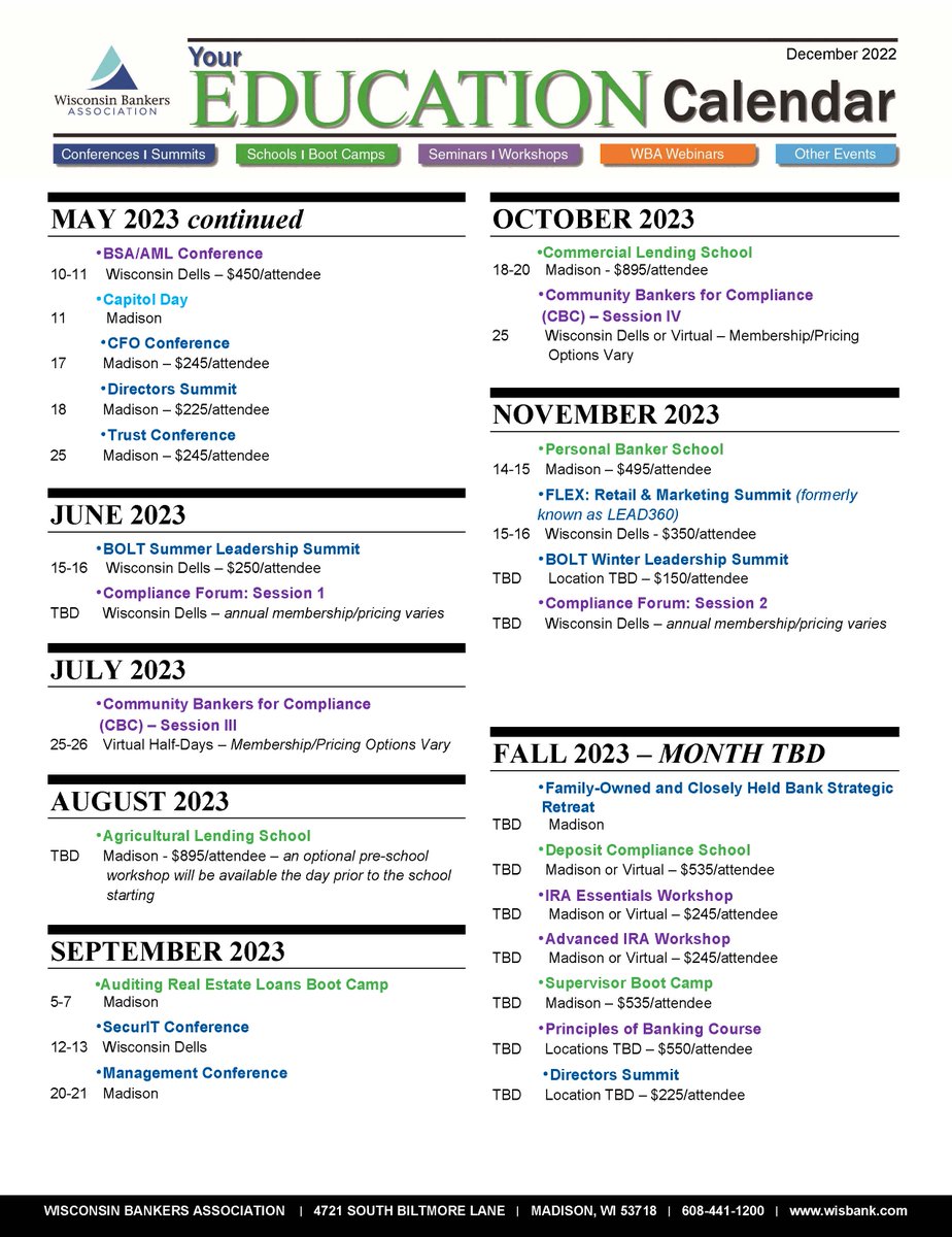 Did you know it’s #NationalCareerDevelopmentMonth? Now is the perfect time to plan, mark calendars, and budget your team’s professional development for the new year. WBA’s latest education calendar includes most of the scheduled programs for 2023. 
wisbank.com/all-events/