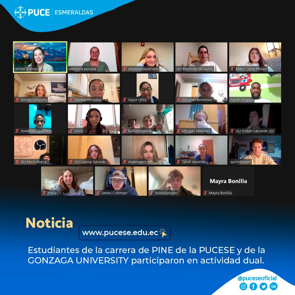 PUCE_Esmeraldas's tweet photo. #Noticia 📰
Con el objetivo de intercambiar conocimientos acerca de la cultura y el arte en países latinoamericanos, estudiantes de la carrera de PINE de la #PUCESE y de la Gonzaga University participaron en actividad dual.
👉 https://t.co/BXeAy2lho9
#SomosPUCESE 🤝 https://t.co/ZEtomVh9F3