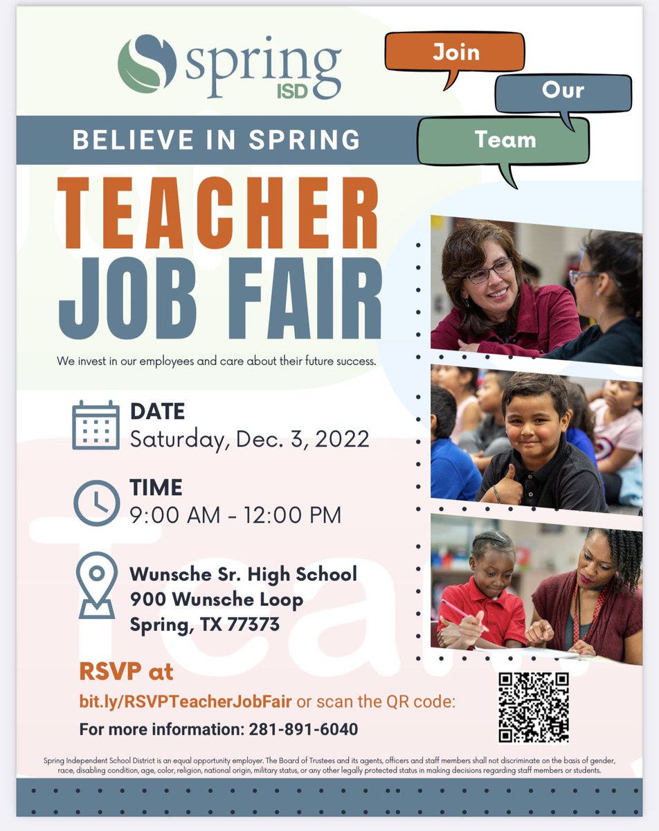 WellsWolverines's tweet image. Join Spring ISD in the Teacher Job Fair, Saturday, December 3, 2022!!! 9am-12 pm! Meet us at Wunsche High School! Don’t forget to RSVP! @SpringISD @LaQuitaCarter2 @LaQuishaKnowle1 @WellsWolverines #SpringJobFair