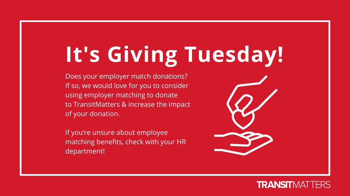 transitmatters's tweet photo. Does your employer match donations?

If so, we would love for you to consider using employer matching to donate to TransitMatters &amp; increase the impact of your donation this #GivingTuesday! https://t.co/JYdcWXgEff