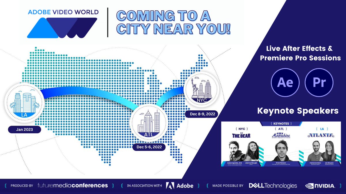 FMC_Conferences's tweet photo. Join us at Adobe Video World for a two day event that will be coming to a city near you! Attend panel discussions, small breakout sessions, network with content creators, and hear from Keynote Speakers. You won't want to miss this event! Register now, https://t.co/YcurggLpvf https://t.co/vqN5mhWZal