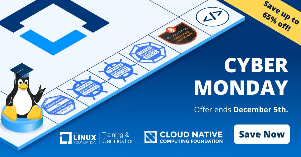 ⚡️ @LF_Training has some VERY exciting #CyberMonday deals happening right now on courses and exams like CKA, CKAD, CKS, PCA & more ➕ bundles and bootcamps. Save up to 65% until December 5th💥 training.linuxfoundation.org/cyber-monday-c…