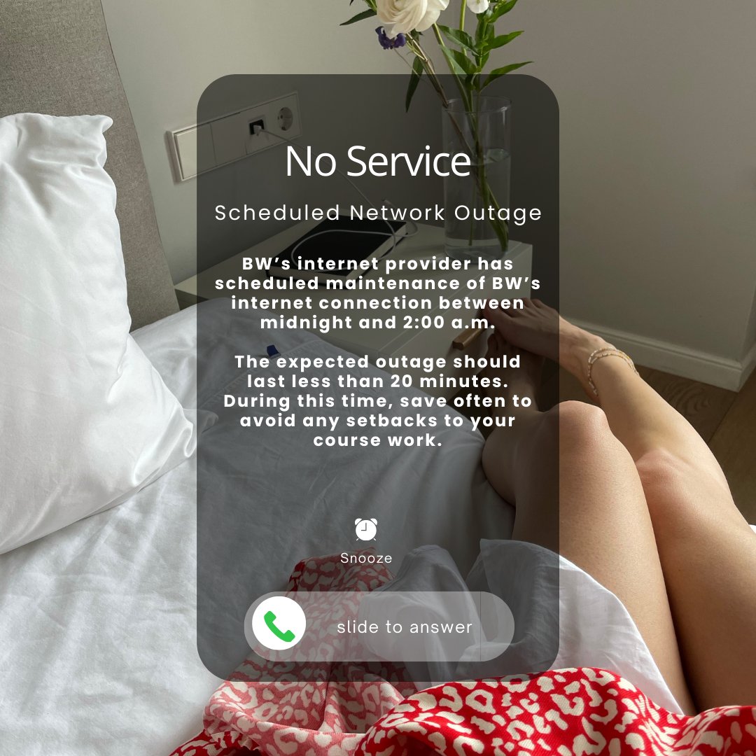BW_HelpDesk's tweet photo. NOTICE OF SCHEDULED INTERNET OUTAGE:
BW’s internet provider, OARnet, has scheduled maintenance to BW’s internet connection that will begin tonight at midnight and 2:00 am - We expect the outage during this scheduled window to be less than 20 minutes long. https://t.co/laSF5HLNeC