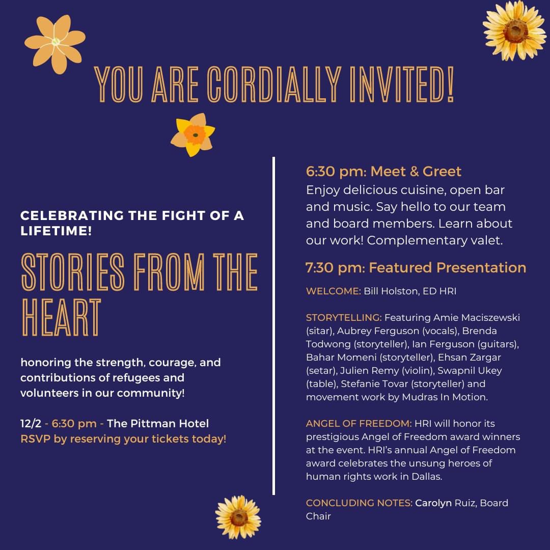 RYHODallas's tweet photo. Giving Tuesday! Support HRI by attending our event this Friday, 12/2, 6:30 P.M. at The Pittman Hotel!
For tickets: https://t.co/sX6fEBoRSF
.
.
#Celebration #Storytelling #Music #Art #Poetry #Event #Dallas #ThePittmanHotel #givingtuesday2022 https://t.co/FewfcUipka