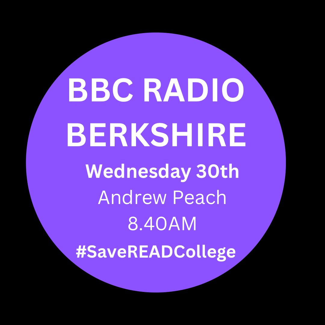 ReadCollege's tweet photo. ❕TOMORROW MORNING ❕
We will be on @bbc Radio Berkshire tomorrow morning at 8.40am with Andrew Peach getting the word out there to #SaveREADCollege and discuss how the #costoflivingcrisis has impacted us.
SHARE & TUNE IN 💜
#OnceAReadieAlwaysAReadie #AccessToTheArts https://t.co/U3HrdSvSAt