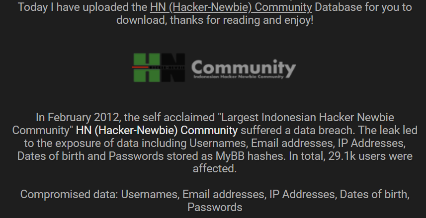 ⚠ Detect Data ⚠
{
"Threat Actor": "#0daytoday",
"Content": "#HN Community #Database - #Leaked, Download!
Today I have uploaded the HN Community DB for you to download, thanks for reading and enjoy!",
"Type": "#Dataleak"

#infosec #CyberSec #DataBreach
🔹 Data Leak monitoring 🔹