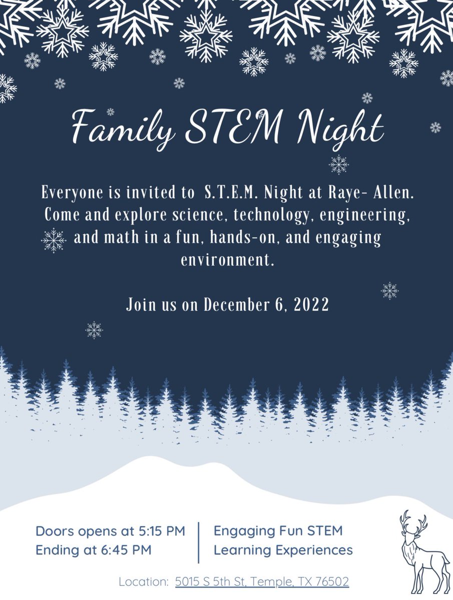 Join us for our Family Stem Night 
Tuesday, December 6th 
5:15PM-6:45PM 
.
#TempleISDProud