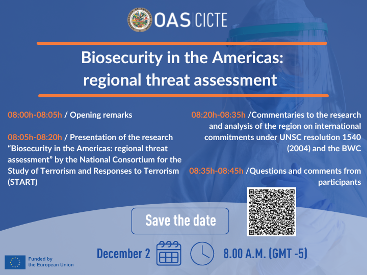 CICTE (@oea_cicte) on Twitter photo On December 2 we will host experts @Steve_S_Sin and <a href="/AlexandaMW/">Alexandra Williams, MS Biodense</a> from <a href="/START_UMD/">START Consortium</a>, who will present the results of the research into '#Biosecurity in the Americas🌎: Regional Threat Assessment'
Interested?
Sign up here👉 bit.ly/biosecurityCIC…
<a href="/EU_NonProlif/">EU Non-Proliferation and Disarmament</a> <a href="/MJvanDeelenEU/">Marjolijn van Deelen</a> On December 2 we will host experts @Steve_S_Sin and <a href="/AlexandaMW/">Alexandra Williams, MS Biodense</a> from <a href="/START_UMD/">START Consortium</a>, who will present the results of the research into '#Biosecurity in the Americas🌎: Regional Threat Assessment'
Interested?
Sign up here👉 bit.ly/biosecurityCIC…
<a href="/EU_NonProlif/">EU Non-Proliferation and Disarmament</a> <a href="/MJvanDeelenEU/">Marjolijn van Deelen</a>