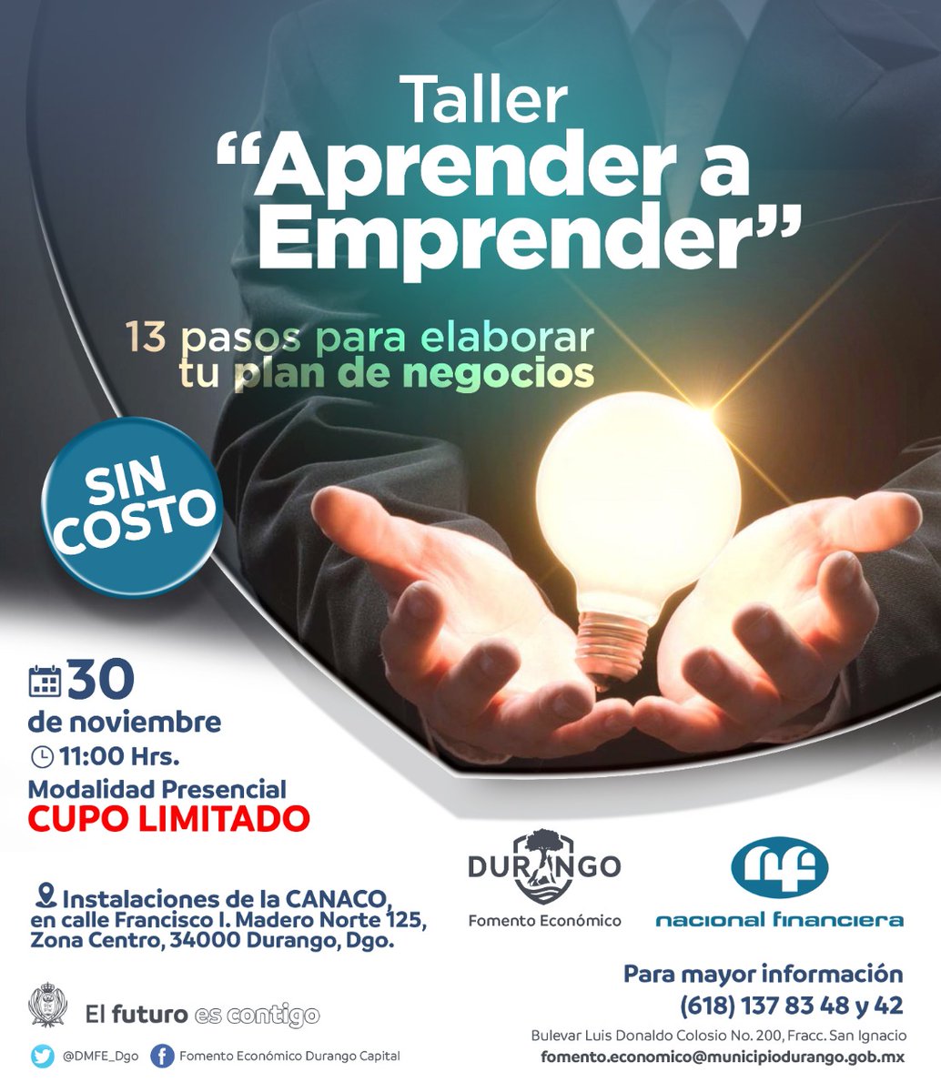DMFEyT_Dgo's tweet photo. #emprendedores Iniciamos mañana 🗓 30 de Noviembre 

📣Participa en esta gran oportunidad ✅

📍Instalaciones de #CANACO
📌Modalidad presencial 

Regístrate aquí 👇🏼
https://t.co/gubGcJrHzR
#CapacitaciónConstante #Nafin #fomentoeconómico
#ElFuturoEsContigo 🫵🏼 https://t.co/h1wUahLW3z