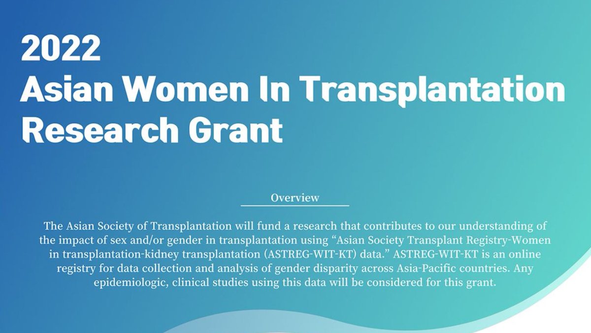 ICYMI - We're excited to be co-sponsoring a research fellowship grant with the Asian Society of Transplantation! This grant will fund a project that contributes to our understanding of the impact of sex and/or gender in transplantation. Learn More 👉 myasot.org