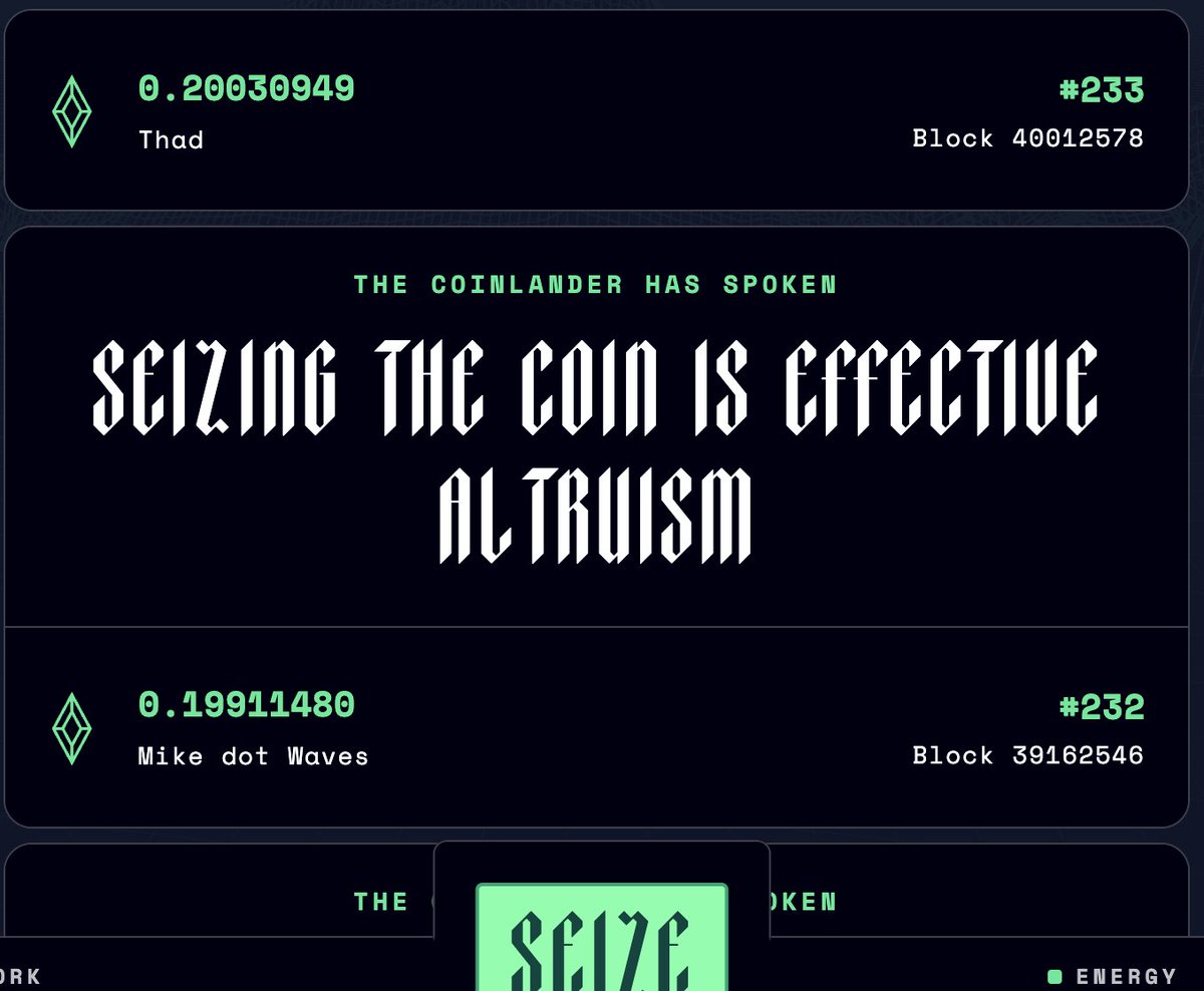With the brazen seizure of The One Coin from @mikedotwaves by <a href="/Thaddeus_Jones/">Thaddeus Jones</a>, it is official:

the cost to seize The One Coin has passed 0.2 ETH!

You (yes, YOU!) could become the next Coinlander by visiting The Shrine at coinlander.one/shrine