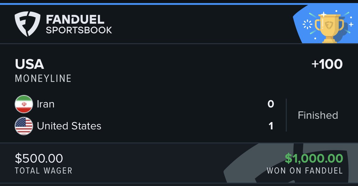 DevinsBookie's tweet photo. USA ML +100✅
Stimmy Lotto +800✅
Eng. Bovada Spec. +165✅
USA Bovada Spec. +500✅
Foden SOT+ENG ML +120✅
US Adv. + Pulisic AGS +165✅
Kieffer Moore 2+ Shots +112✅

WHAT AN AMAZING DAY🔥🔥🔥

🇺🇸USA WINS &amp; WE HIT EVERY BET INCLUDING +500 &amp; +800🧹

#GamblingTwitter #WorldCup2022 https://t.co/Qsl7Ru9RvA