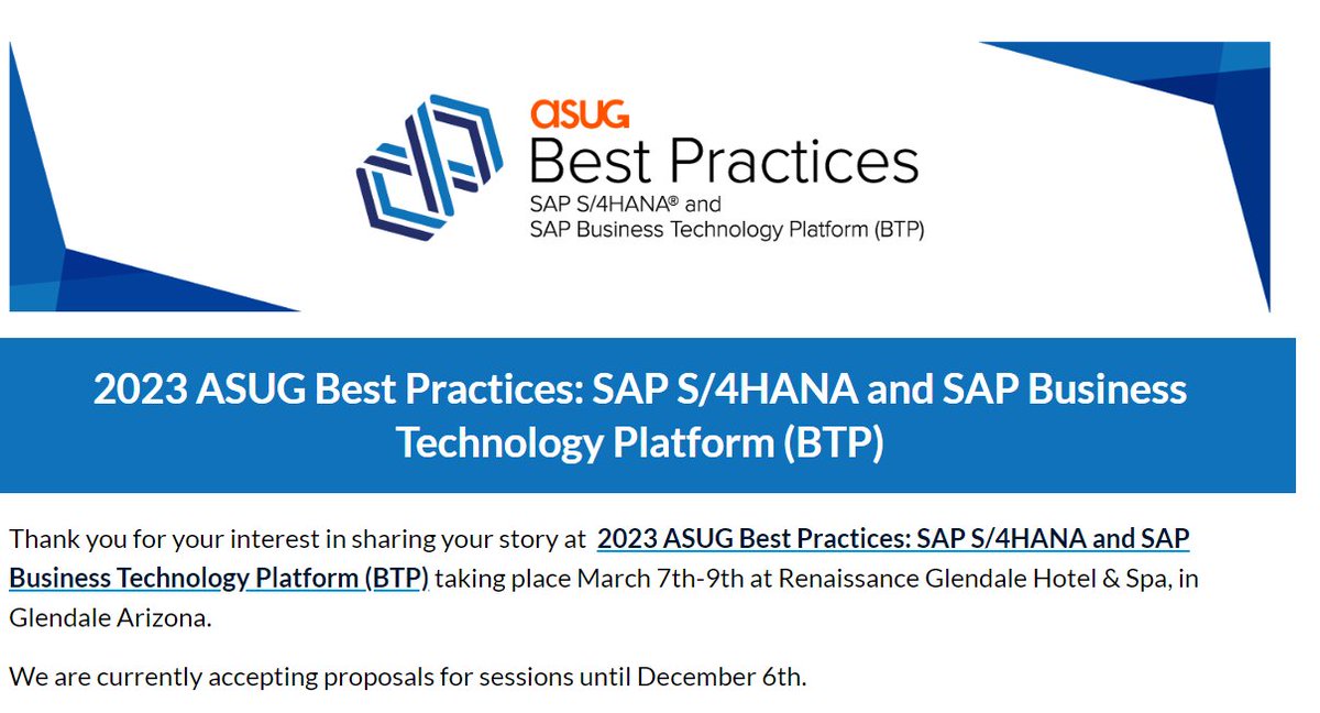 tpowlas's tweet photo. I am excited to serve on the Advisory Committee for the 2023 #ASUG Best Practices: SAP S/4HANA and BTP Conference this coming March!  We are looking for customers to share their story at the upcoming conference. Here is a link to the Call for Papers. https://t.co/Y2SLOAdaTJ https://t.co/YVfqYS49fx
