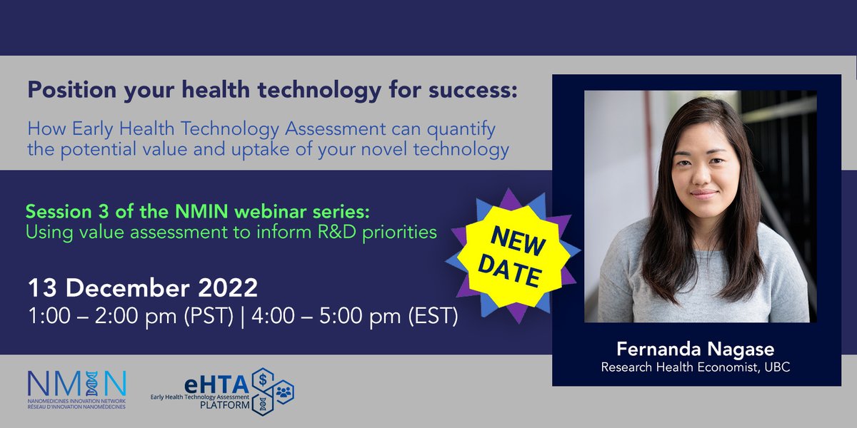 NMIN_NCE's tweet photo. RESCHEDULED - DEC 13: Learn how early Health Technology Assessment (eHTA) can quantify the potential value &amp; uptake of your novel technology in this FREE WEBINAR with Fernanda Nagase @ldlynd  @CORE_UBC @ubcpharmacy #eHTA

Info &amp; register: https://t.co/eY3FxqxKgD https://t.co/5OJ1FstuxW