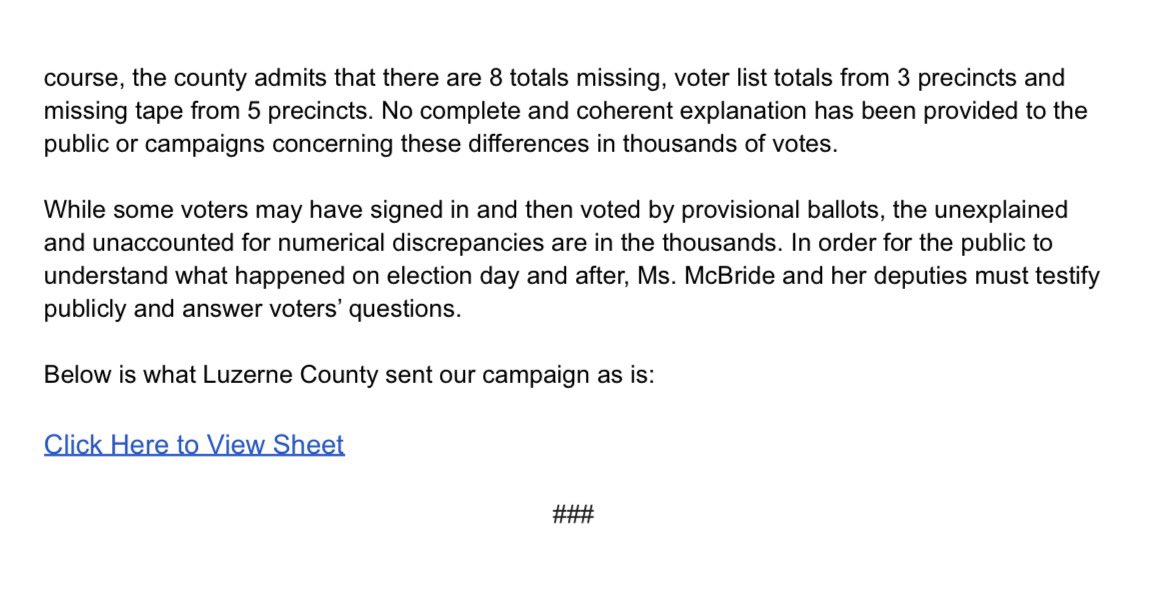 Luzerne County’s Math Does NOT add up. Click Here to see what the county sent our campaign as their voter list reconciliation: tinyurl.com/yudv5jvj