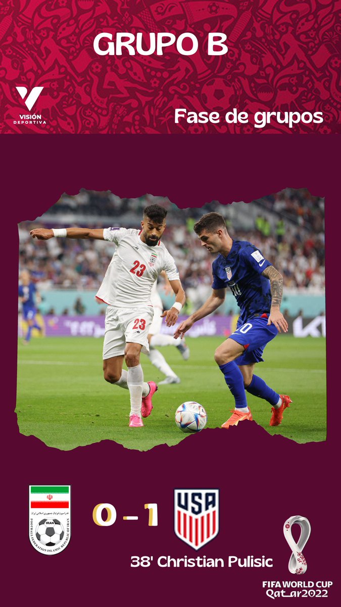 VDeportivaW's tweet photo. #VDMUNDIAL #FIFAWorldCup    #Qatar2022    

🇮🇷 0-1 🇺🇸

#IRAN  #USA #GrupoB 

📢Irán eliminado de la Copa del Mundo.

📢 Estados Unidos Clasificado a 8vos de Final de la Copa del Mundo . https://t.co/uqQO2Up9iK