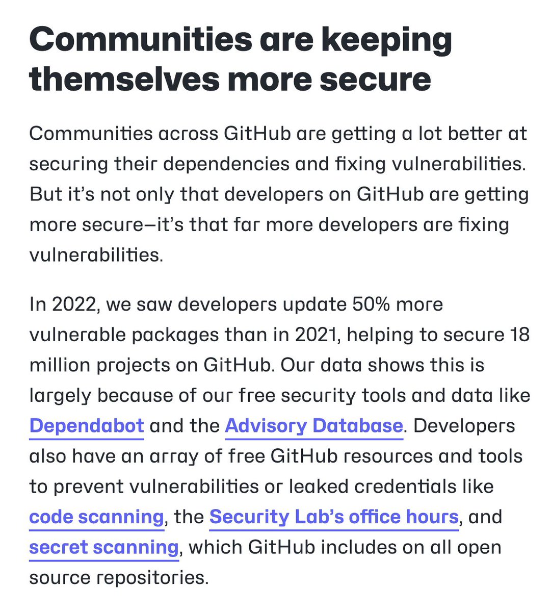 jdorfman's tweet photo. This is a great step in the right direction! I hope next year more security services can share their data for Octoverse 2023. #SecureTheSupplyChain https://t.co/YKzBcQ5fdO