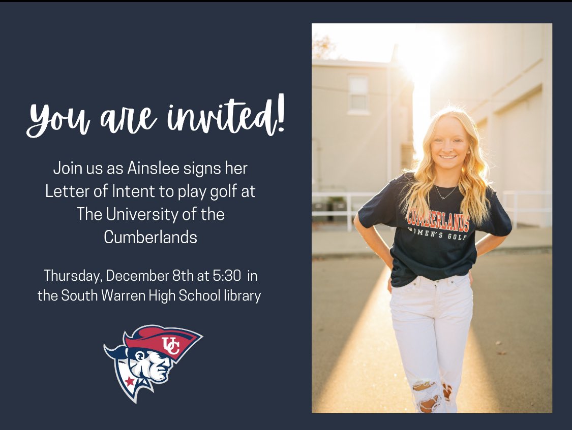 SWHSLadyGolf's tweet image. Please join us and celebrate @ainslee_cruce signing with The University of the Cumberlands