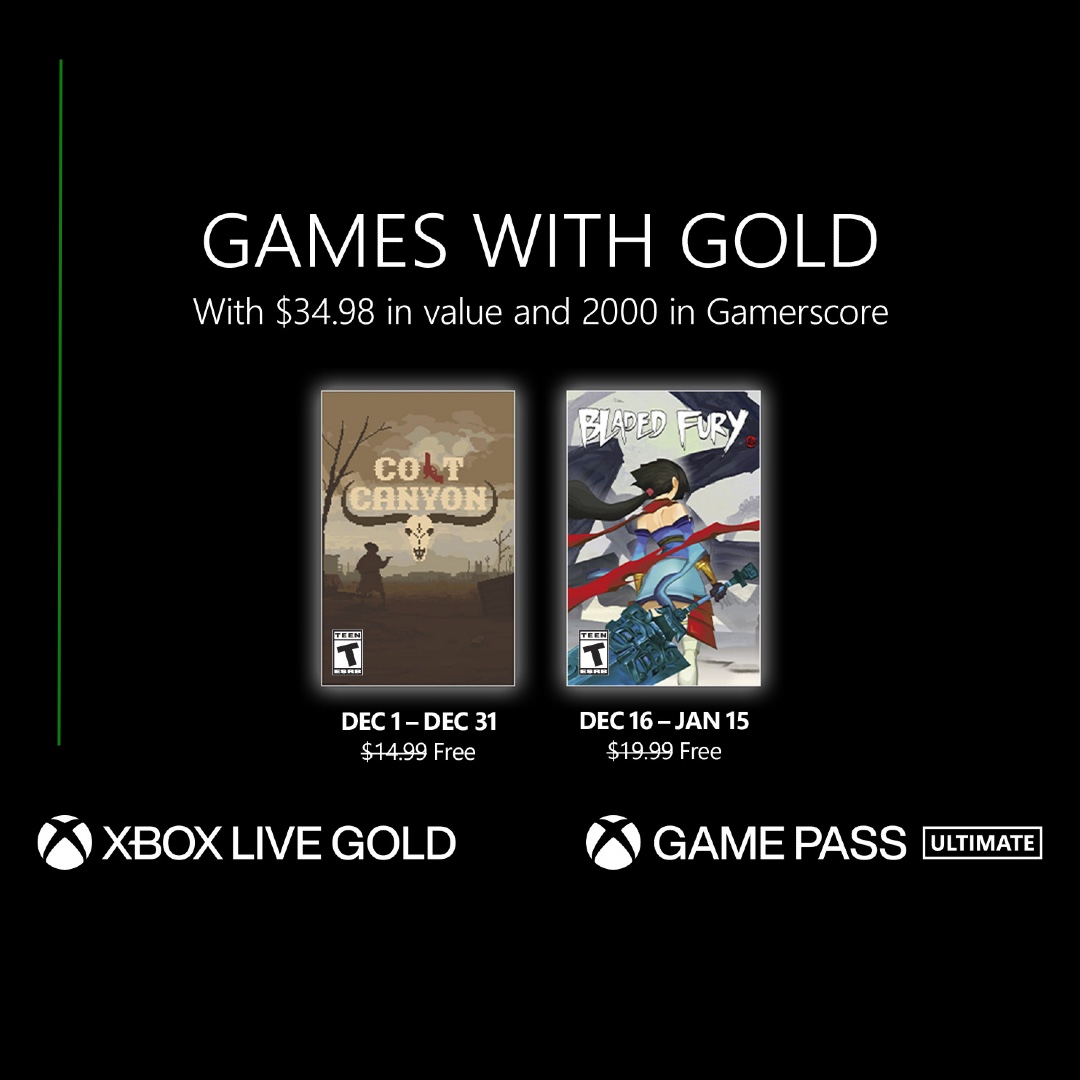 complecionista's tweet photo. A #Microsoft revelou que Colt Canyon e Bladed Fury serão os jogos que fecharam o ano de 2022 da #GamesWithGold.

#XboxSeries
#Xbox https://t.co/wUoIBcW33u