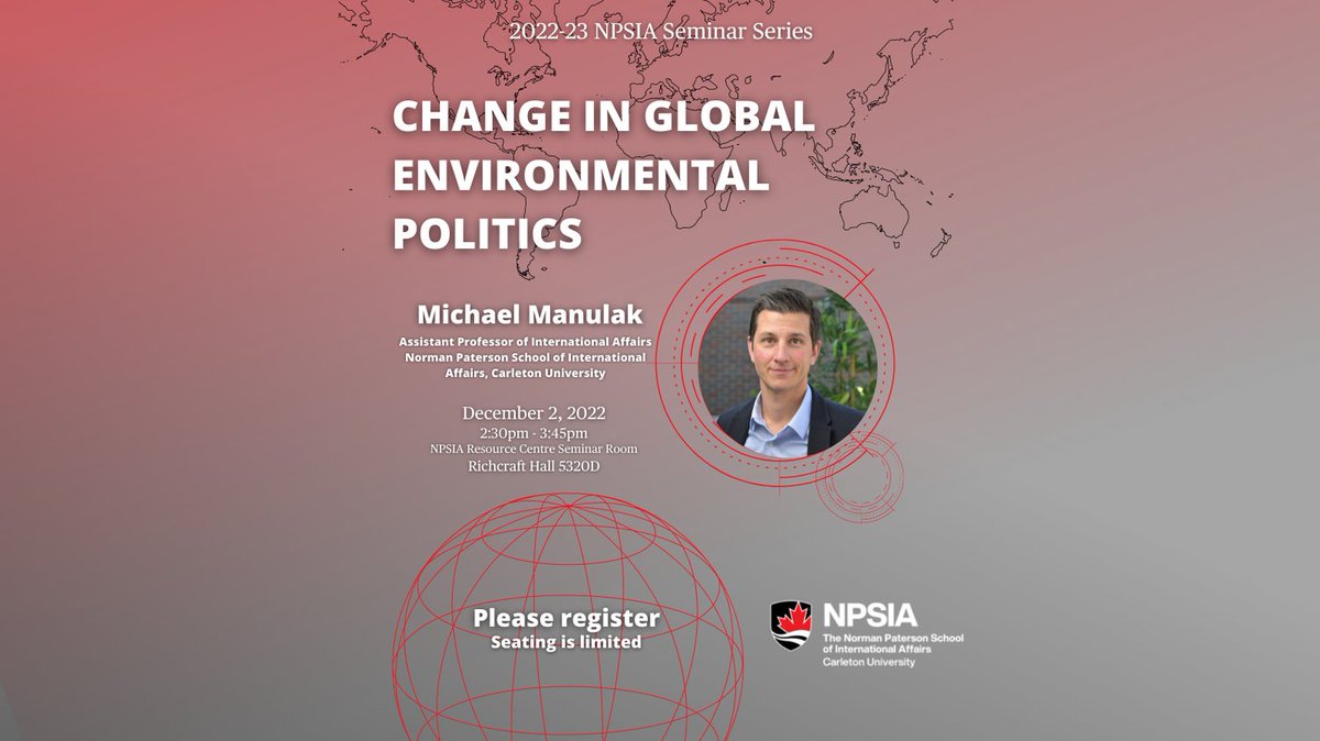 This Friday, prof <a href="/mmanulak/">Michael W. Manulak</a> will present the findings of his new book "Change in Global Environmental Politics" at the <a href="/CU_NPSIA/">NPSIA at Carleton University</a> Resource Centre!

Dec 2, 2022
2:30pm
Richcraft Hall 5320D

Register Today! bit.ly/3OMimCA