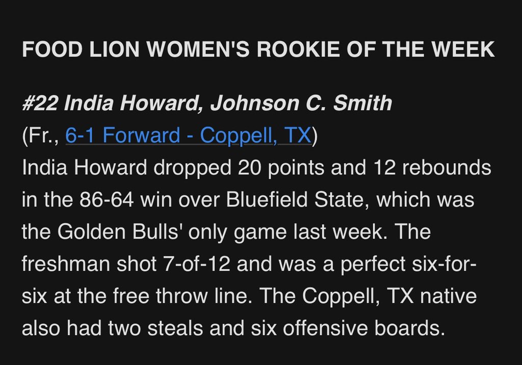Indiddy22's tweet photo. CIAA rookie of the week, 11/20-26 https://t.co/8eOwJ7wy8U