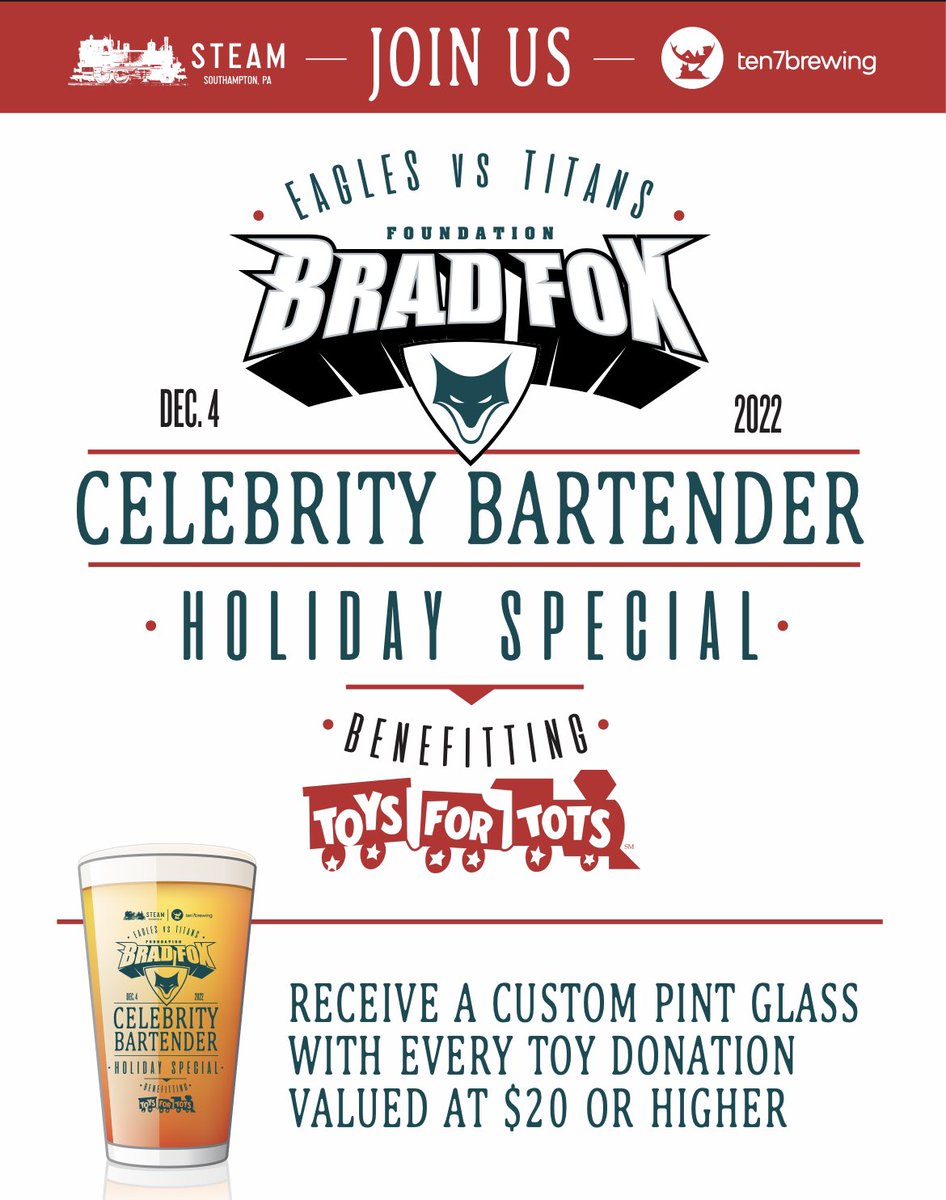 BradFox5K's tweet photo. We are in need!! Two of our key celeb bartenders have had to cancel and we are looking for others to help fill the gaps. Great event to collect toys for Toys for Tots in honor of a deceased Marine and police officer. Any chance @Phillies or @PhilaUnion can help us? PLEASE DM US. https://t.co/DcpSWqD0n7