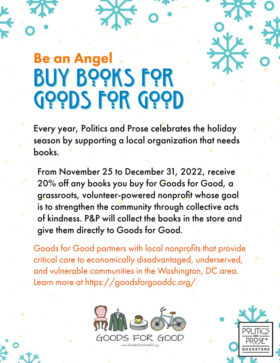 Happy #GivingTuesday! Looking for ways to give back - and give books - to your community? Become a Book Angel by buying children's books for Goods for Good DC.   Visit @kidsandprose at Conn Ave for book recs and to receive 20% off all donated books from 11/25-12/31.