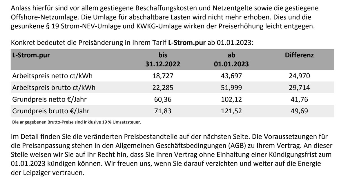 ApfelcrafterHD's tweet image. Strompreiserhöhung:
@SWLeipzig langen voll zu. Dagegen bei anderen nur eine Erhöhung auf 38 Cent/kwh ... abgesehen davon nicht nicht 1 Jahr Kunde dort.
Andere Anbieter kann man nicht nehmen, da die auch nun zu teuer sind bzw. keine Neukunden annehmen.