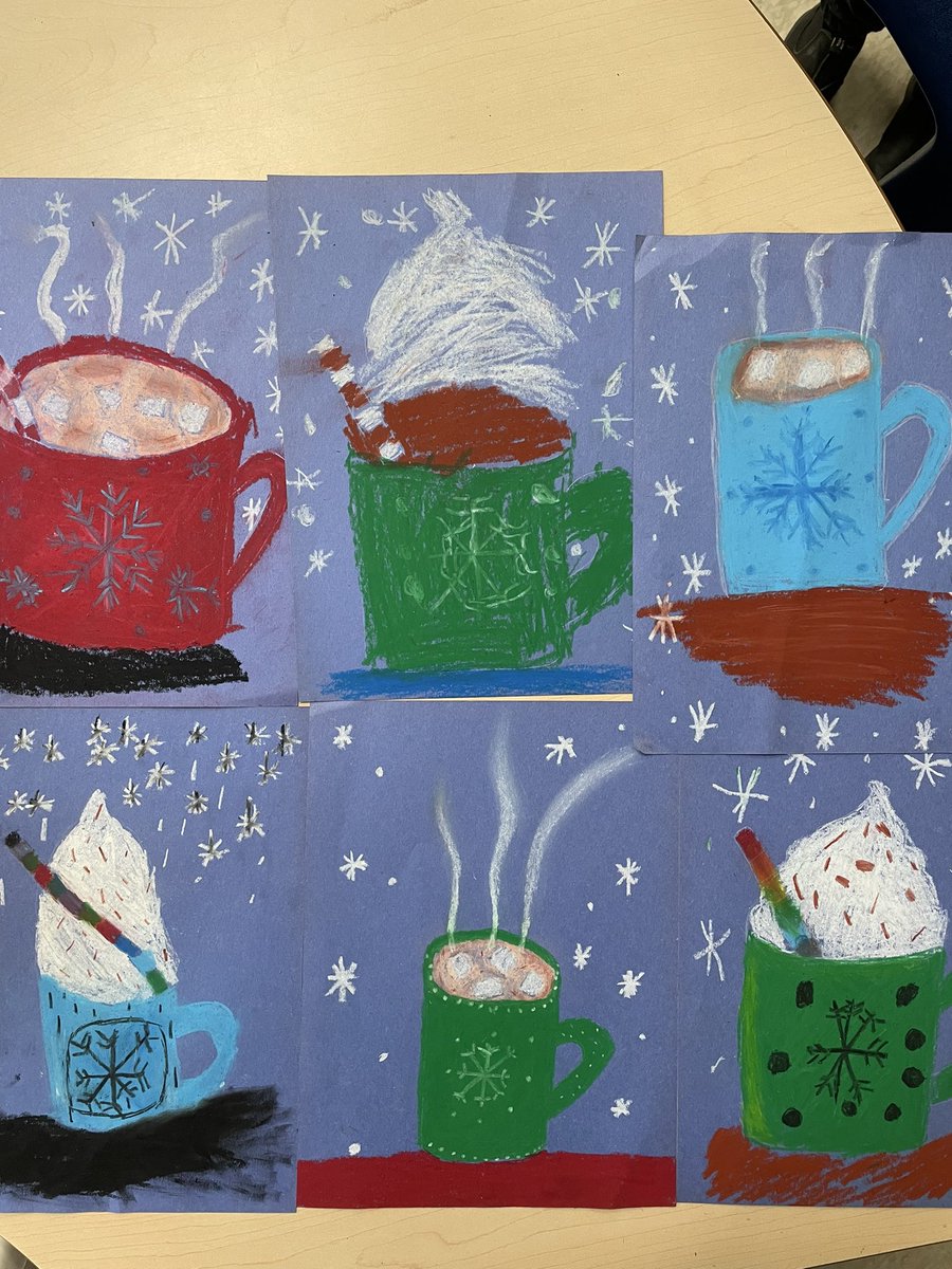 I love how our oil pastel hot chocolate art turned out! Can’t wait to put these up in our hallway for Arts Night! <a href="/Carruthers_PS/">Carruthers Creek PS</a>