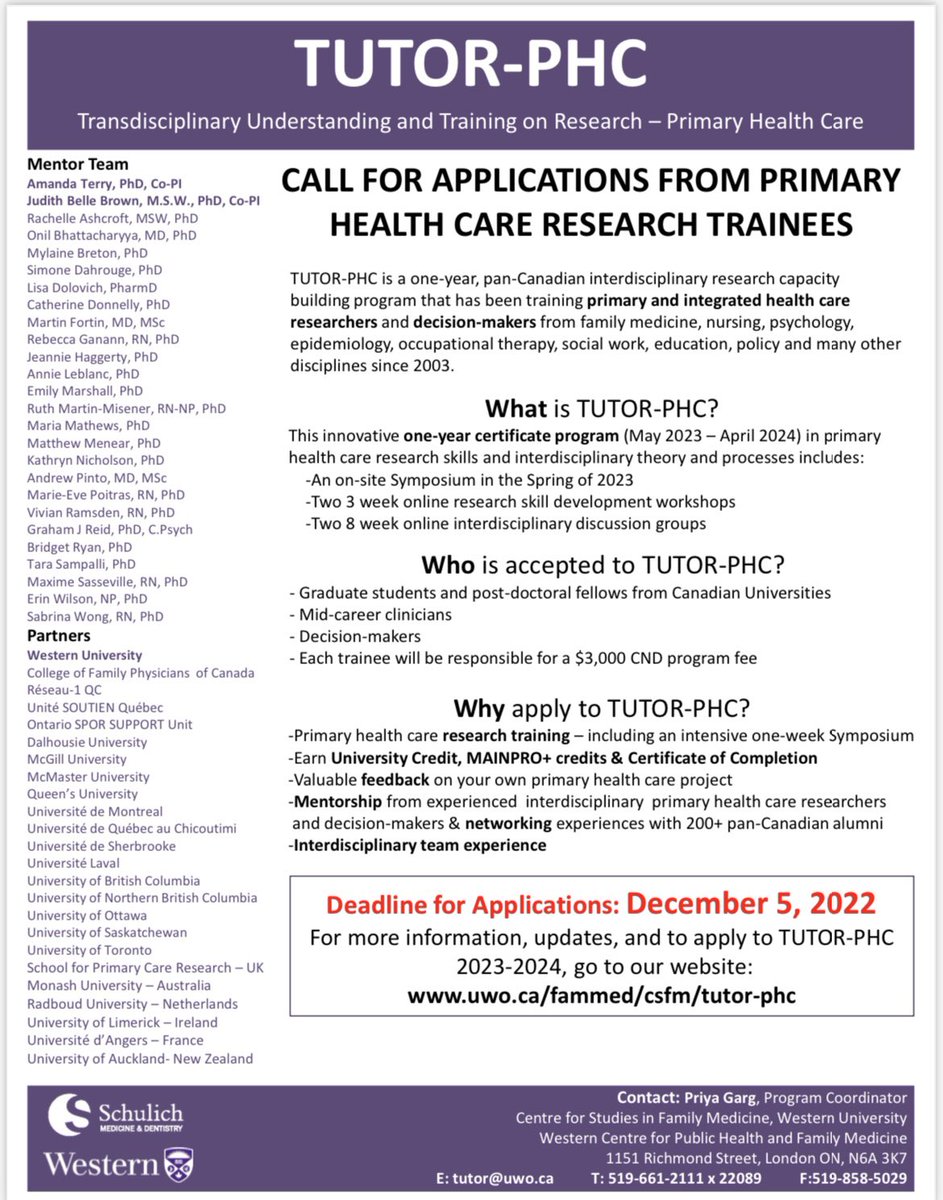 Social work leaders, researchers &amp; trainees interested in primary care research - consider applying to <a href="/tutor_phc/">TUTOR-PHC</a>! An advanced interprofessional program - that brings together people fr family medicine, nursing, pharmacy, policy, and others - for research training in primary care