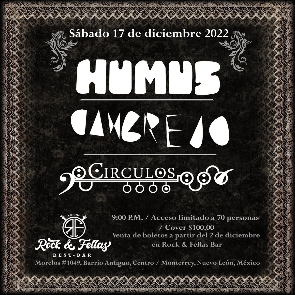 Una noche con gran cantidad de buena música.
Venta a partir del viernes 2 de Diciembre en Rock &amp; Fellas 
Muchas gracias.
Fiesta para despedir el año, presentarles a los nuevos Círculos y dar el banderazo para la preproducción del quinto material 
Afilando garras y colmillos...