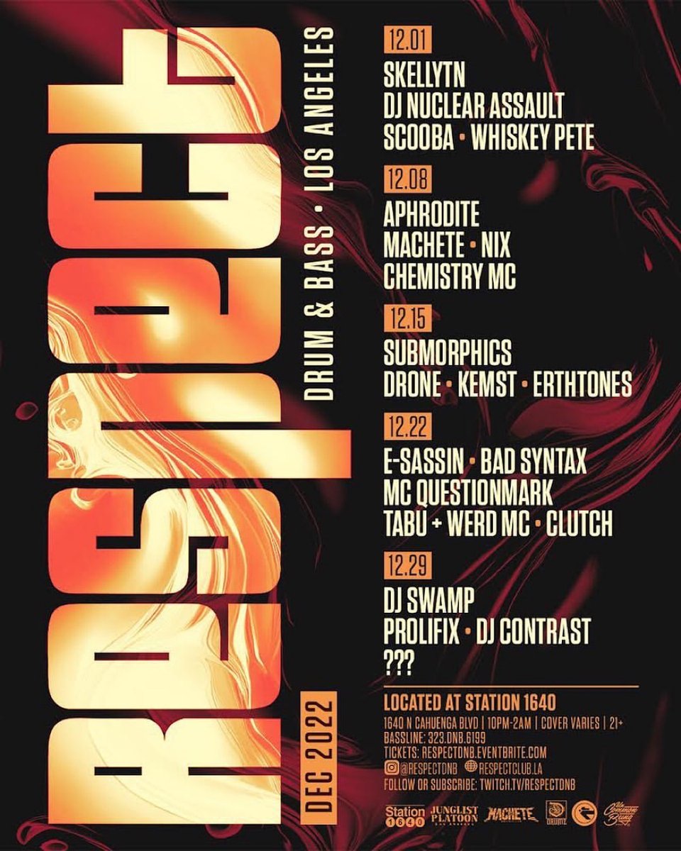 Our #December2022 events calendar is here! 🔥🔥🔥🔥🔥
・・・
#respectdrumandbass #losangeles #dnb #drumandbass #respectdnb #respectthursdays #drumnbass #respectclubLA 
・・・
Tickets (link in bio): respectdnb.eventbrite.com