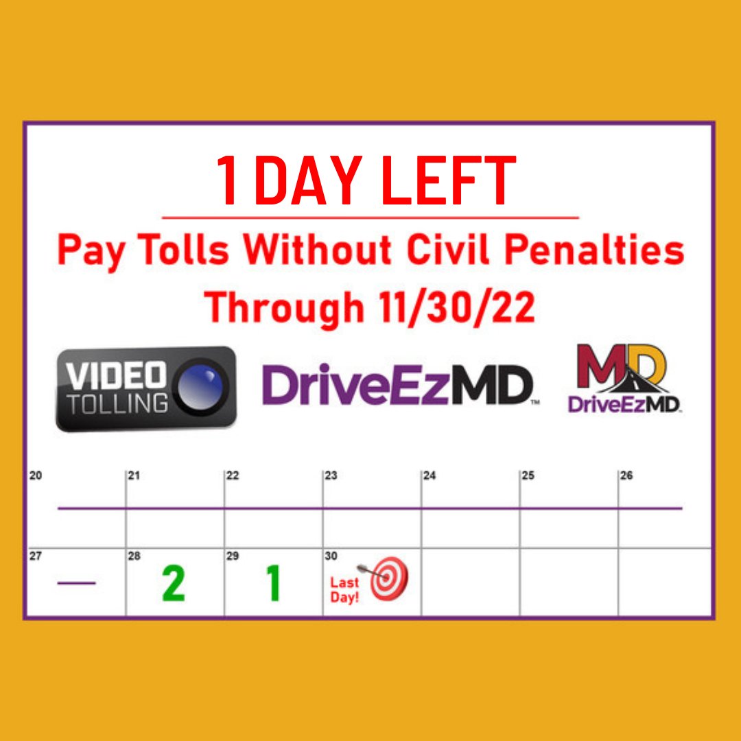 .<a href="/TheMDTA/">MDTA</a> reminds all customers that just 1 day remains for civil penalty waiver grace period for Video Tolls. The MDTA urges customers to take advantage by paying unpaid Video Tolls now &amp; are paid in full by 11:59PM Nov. 30. For more info, visit: bit.ly/3EKLCoN