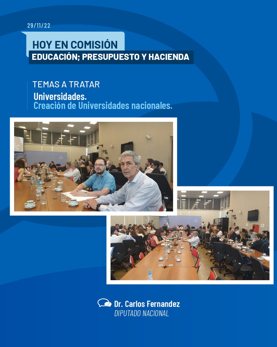 Carlos Alberto Fernández (@drfernandezok) on Twitter photo HOY EN COMISIÓN
A las 15 h estuvimos en la Comisión de Educación, tratando los temas de la creación de Universidades nacionales.
A las 17 h en la Comisión de Presupuesto y Hacienda, temas varios.
<a href="/DiputadosAR/">Diputados Argentina</a> <a href="/SartoriDiegoH/">Diego H. Sartori</a> HOY EN COMISIÓN
A las 15 h estuvimos en la Comisión de Educación, tratando los temas de la creación de Universidades nacionales.
A las 17 h en la Comisión de Presupuesto y Hacienda, temas varios.
<a href="/DiputadosAR/">Diputados Argentina</a> <a href="/SartoriDiegoH/">Diego H. Sartori</a>