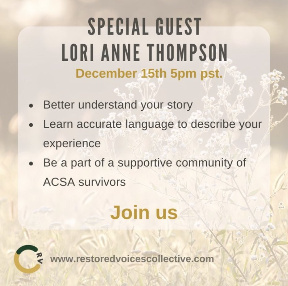 Restored Voices Collective (@restoredvoices) on Twitter photo If you are a survivor of Adult Clergy Sexual Abuse, we would love to support you in your healing journey.
Email info@restoredvoicescollective.com to hear from our special guests and join us as we heal together. If you are a survivor of Adult Clergy Sexual Abuse, we would love to support you in your healing journey.
Email info@restoredvoicescollective.com to hear from our special guests and join us as we heal together.