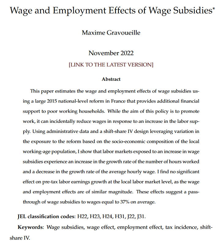 S_Stantcheva's tweet image. Do wage subsidies (such as the EITC) fully benefit employees? Or is part of their benefit shifted to employers via lower wages? My co-author &amp;amp; student @M_Gravoueille is on the job market this year &amp;amp; answers this question in his job market paper:  maximegravoueille.com/research/  [1/9]