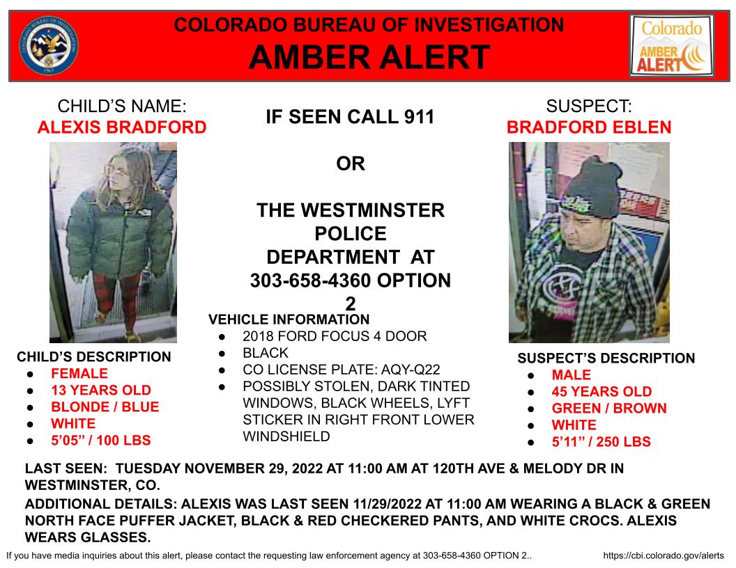 AMBER ALERT - Westminster Police Department 
Last seen: 120th Ave &amp; Melody Dr, Westminster