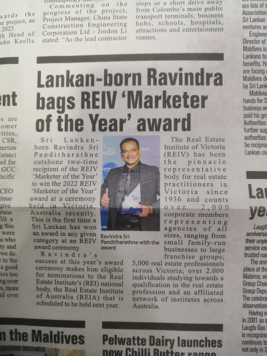 RavSriRavs's tweet photo. Thanks Daily Mirror Sri Lanka for publishing the achievement of βREIV Marketer of the year Award.
#buyhouse #sellhouse #freeappraisal #realestate #sellwarehouse #bestreviews #bestrealestateagent #marketeroftheyear #reivawards #ravsri #harcourts #REIVmarketeroftheyear https://t.co/K1ipx8qyIM