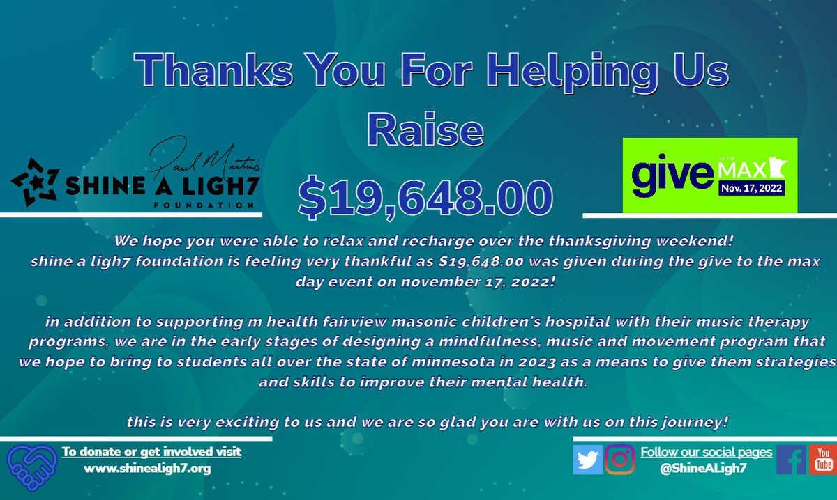 ShineALigh7's tweet image. The ShineALigh7 Foundation would like to thank everyone who helped us raise $19,648.00 during the Give to the Max Day event!