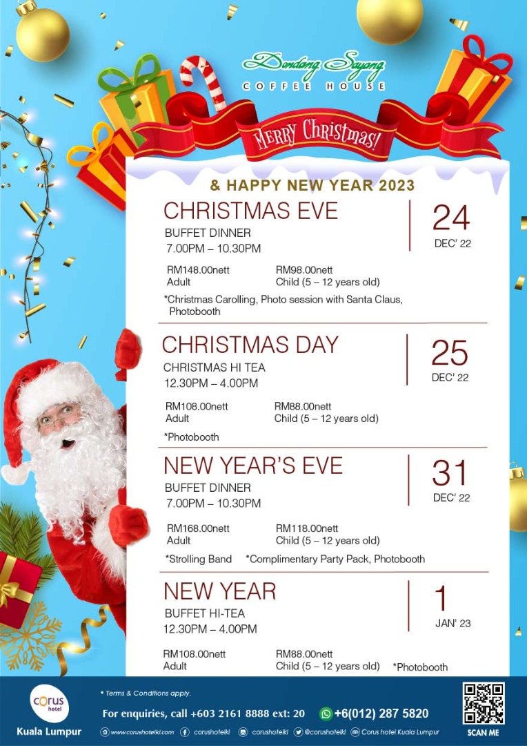 Corushotelkl's tweet photo. CELEBRATION OF CHRISTMAS 2022

The festive season is nearly upon us as we excitedly welcome Christmas! Bring your family and friends and enjoy Discounts and Surprises waiting for you at Dondang Sayang Coffeehouse! Corus hotel Kuala Lumpur wishes you a very https://t.co/aT7sNFUehT