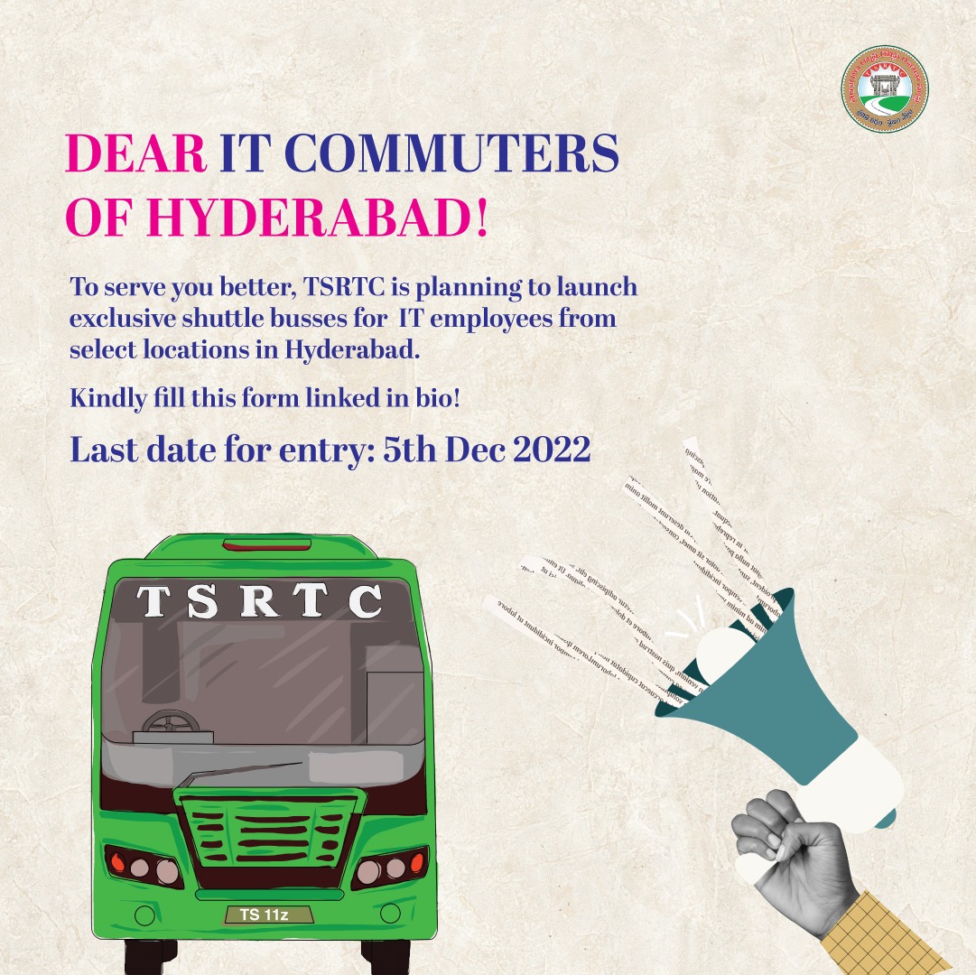 TSRTC planning to launch a new product (dedicated bus) for IT employees working in Hitech city, Madhapur &amp; Gachibowli from selected locations in Hyderabad. If Interested, Kindly fill this form: forms.gle/mcZoemCdtHeUBf…
Last date for entry:5th Dec 22 @Govardhan_MLA @tsrtcmdoffice