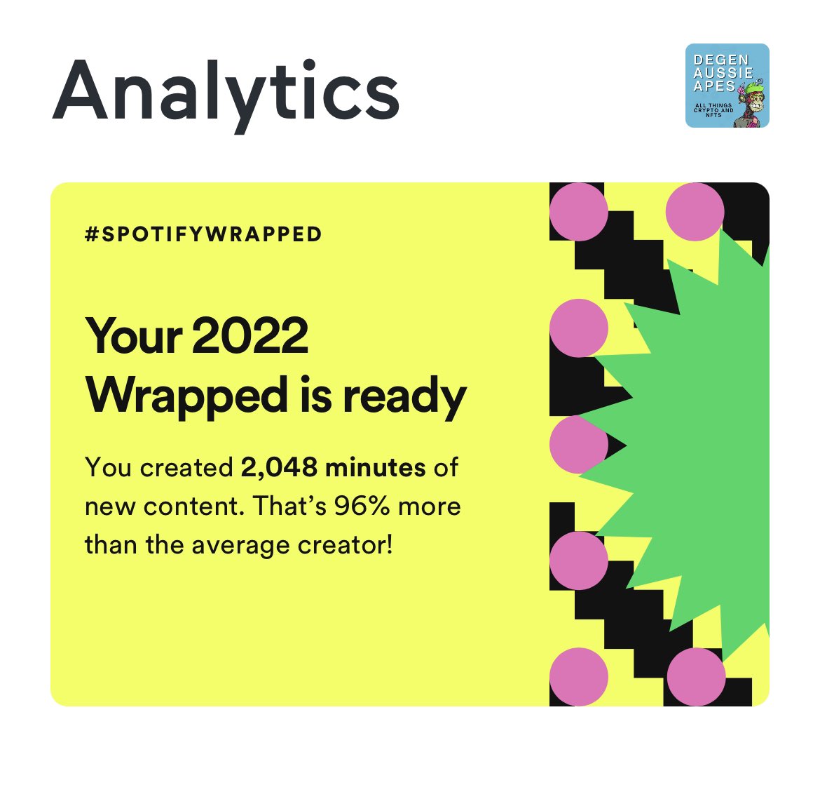 chahine_eth's tweet photo. So it’s been nearly a year since @degenaussieapes podcast dropped….2048 minutes of audio and which is 96% more than the average creator….always remember consistency is 🔑 https://t.co/BjqAQXNeHh