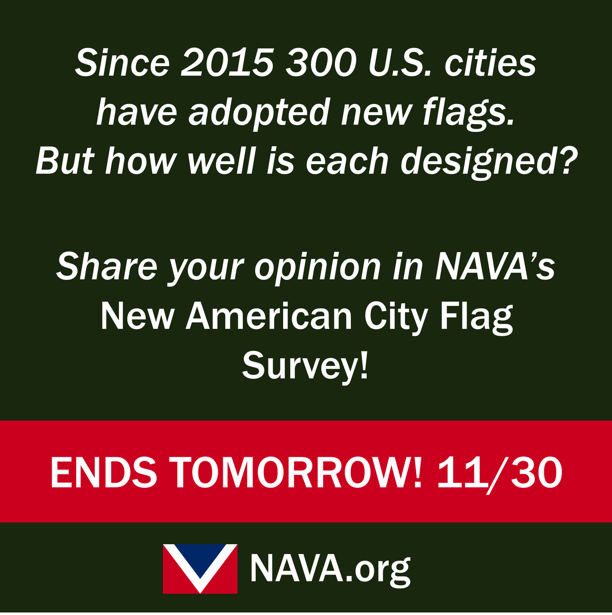 ONE DAY LEFT to weigh in on the designs of the over 300 U.S. city flags adopted since 2015: bit.ly/cityflag-surve…

Your answers will contribute valuable data for flag scholars to better understand municipal flag design and adoption.

SURVEY ENDS 11/30!