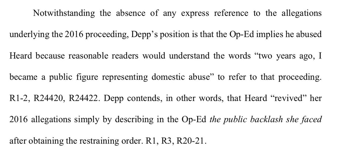 LauraBockov's tweet photo. Depp's position is that the Op-Ed implies he abused Heard because reasonable readers would understand the words "2 years ago, I became a public figure representing domestic abuse" to refer to that proceeding

ACLU transcript: based on prior drafts I knew she was referring to Depp https://t.co/5U3KwDC2OD